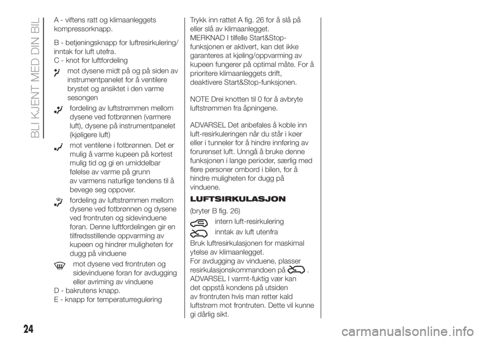 FIAT 500 2020  Drift- og vedlikeholdshåndbok (in Norwegian) A - viftens ratt og klimaanleggets
kompressorknapp.
B - betjeningsknapp for luftresirkulering/
inntak for luft utefra.
C - knot for luftfordeling
mot dysene midt på og på siden av
instrumentpanelet 