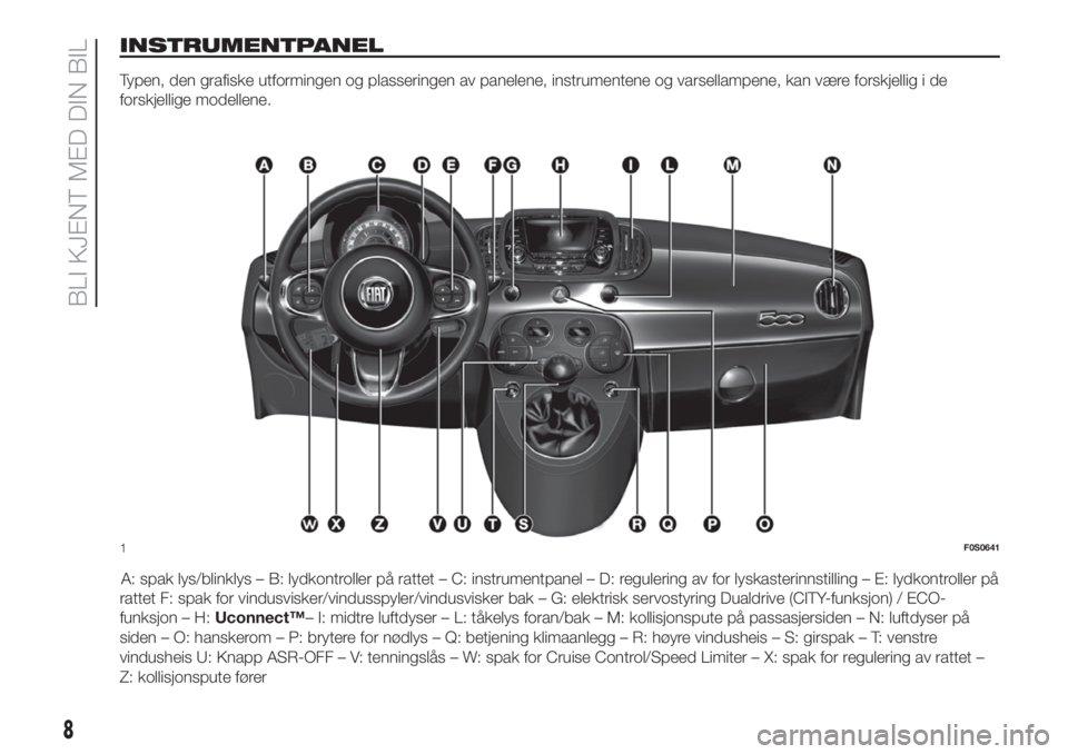 FIAT 500 2020  Drift- og vedlikeholdshåndbok (in Norwegian) INSTRUMENTPANEL
Typen, den grafiske utformingen og plasseringen av panelene, instrumentene og varsellampene, kan være forskjellig i de
forskjellige modellene.
A: spak lys/blinklys – B: lydkontrolle