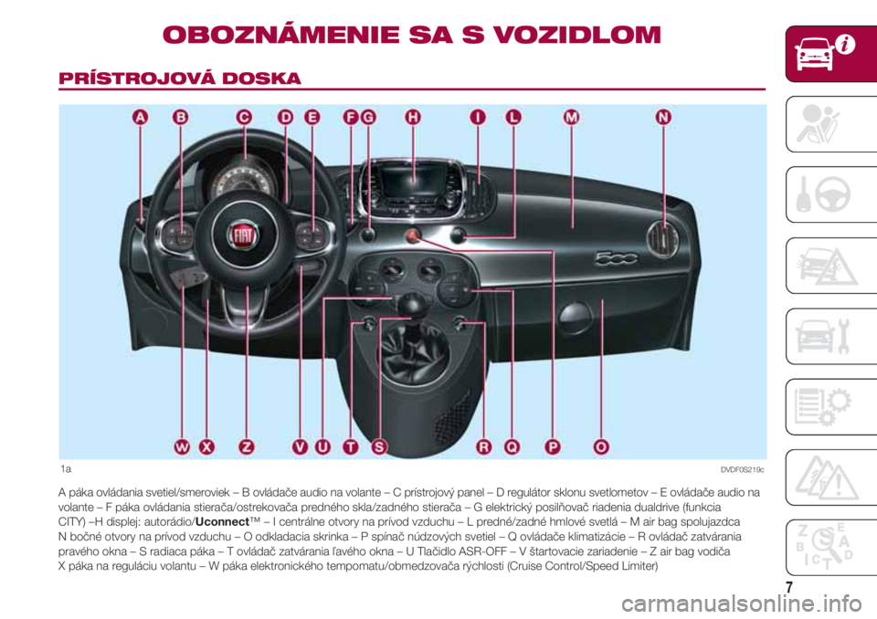 FIAT 500 2018  Návod na použitie a údržbu (in Slovak) 7
PRÍSTROJOVÁ DOSKA
OBOZNÁMENIE SA S VOZIDLOM
1a
A páka ovládania svetiel/smeroviek – B ovládače audio na volante  – C prístrojový panel – D regulátor sklonu svetlometov – E ovláda�