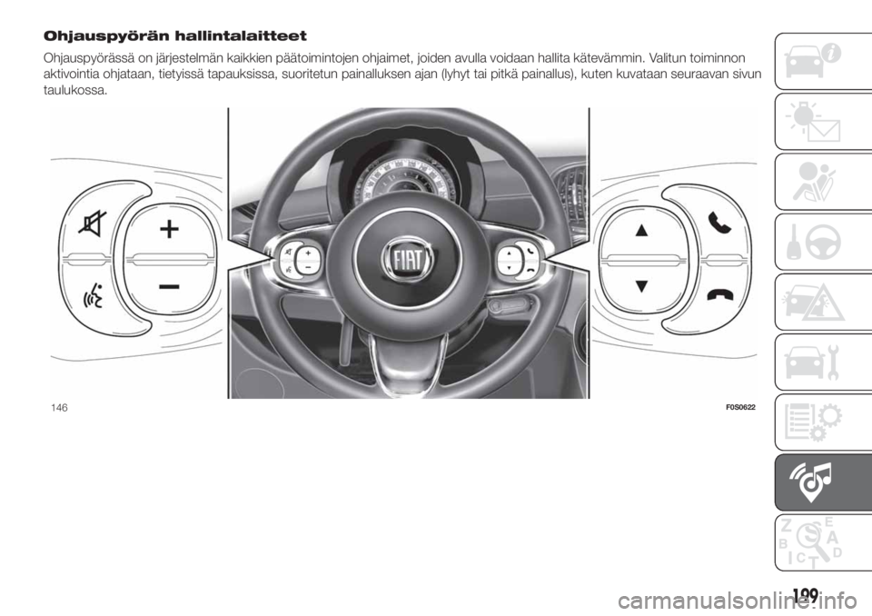 FIAT 500 2019 Käyttö- ja huolto-ohjekirja (in in Finnish) Ohjauspyörän hallintalaitteet
Ohjauspyörässä on järjestelmän kaikkien päätoimintojen ohjaimet, joiden avulla voidaan hallita kätevämmin. Valitun toiminnon
aktivointia ohjataan, tietyissä t FIAT 500 2019 Käyttö- ja huolto-ohjekirja (in in Finnish) Ohjauspyörän hallintalaitteet
Ohjauspyörässä on järjestelmän kaikkien päätoimintojen ohjaimet, joiden avulla voidaan hallita kätevämmin. Valitun toiminnon
aktivointia ohjataan, tietyissä t