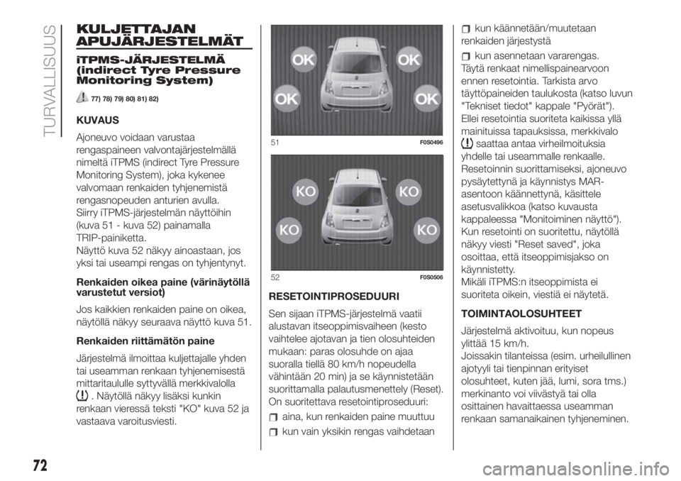 FIAT 500 2019 Käyttö- ja huolto-ohjekirja (in in Finnish) KULJETTAJAN
APUJÄRJESTELMÄT
iTPMS-JÄRJESTELMÄ
(indirect Tyre Pressure
Monitoring System)
77) 78) 79) 80) 81) 82)
KUVAUS
Ajoneuvo voidaan varustaa
rengaspaineen valvontajärjestelmällä
nimeltä i FIAT 500 2019 Käyttö- ja huolto-ohjekirja (in in Finnish) KULJETTAJAN
APUJÄRJESTELMÄT
iTPMS-JÄRJESTELMÄ
(indirect Tyre Pressure
Monitoring System)
77) 78) 79) 80) 81) 82)
KUVAUS
Ajoneuvo voidaan varustaa
rengaspaineen valvontajärjestelmällä
nimeltä i