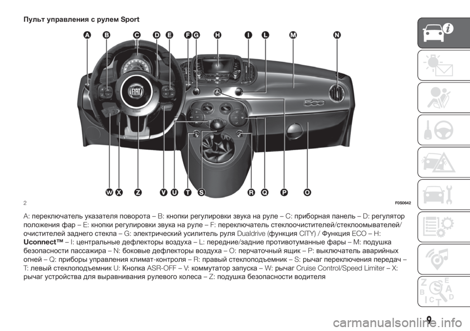 FIAT 500 2020 Руководство по эксплуатации и техобслуживанию (in Russian) Пульт управления с рулемSport
A:переключатель указателя поворота–B:кнопки регулировки звука на руле–C:приборн FIAT 500 2020 Руководство по эксплуатации и техобслуживанию (in Russian) Пульт управления с рулемSport
A:переключатель указателя поворота–B:кнопки регулировки звука на руле–C:приборн