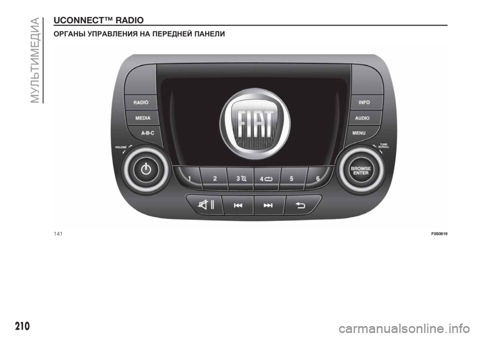 FIAT 500 2020  Руководство по эксплуатации и техобслуживанию (in Russian) UCONNECT™ RADIO.
ОРГАНЫ УПРАВЛЕНИЯ НА ПЕРЕДНЕЙ ПАНЕЛИ
141F0S0619
210
МУЛЬТИМЕДИА 
