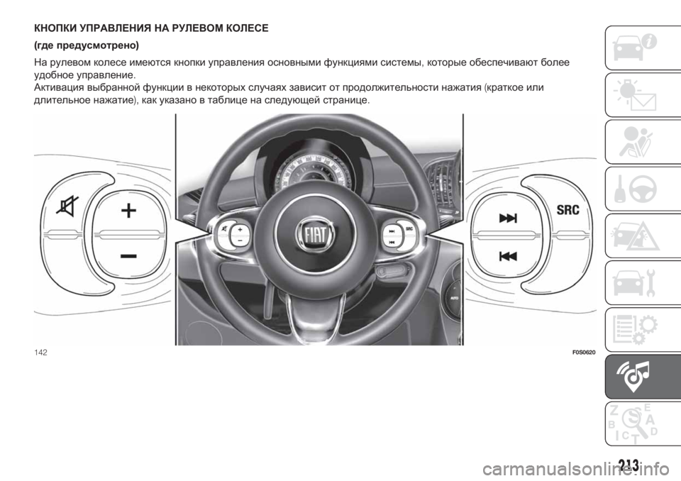FIAT 500 2020  Руководство по эксплуатации и техобслуживанию (in Russian) КНОПКИ УПРАВЛЕНИЯ НА РУЛЕВОМ КОЛЕСЕ
(где предусмотрено)
На рулевом колесе имеются кнопки управления основны