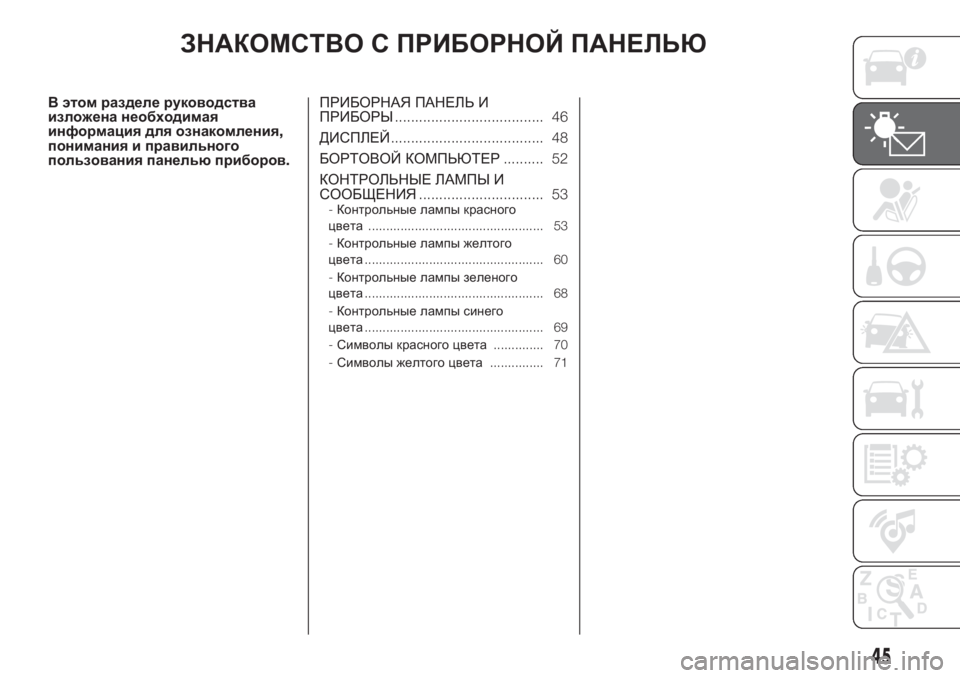 FIAT 500 2019 Руководство по эксплуатации и техобслуживанию (in Russian) ЗНАКОМСТВО С ПРИБОРНОЙ ПАНЕЛЬЮ
В этом разделе руководства
изложена необходимая
информация для ознакомления FIAT 500 2019 Руководство по эксплуатации и техобслуживанию (in Russian) ЗНАКОМСТВО С ПРИБОРНОЙ ПАНЕЛЬЮ
В этом разделе руководства
изложена необходимая
информация для ознакомления