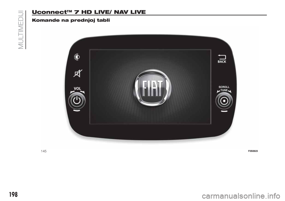 FIAT 500 2019  Knjižica za upotrebu i održavanje (in Serbian) Uconnect™ 7 HD LIVE/ NAV LIVE.
Komande na prednjoj tabli
145F0S0623
198
MULTIMEDIJI 