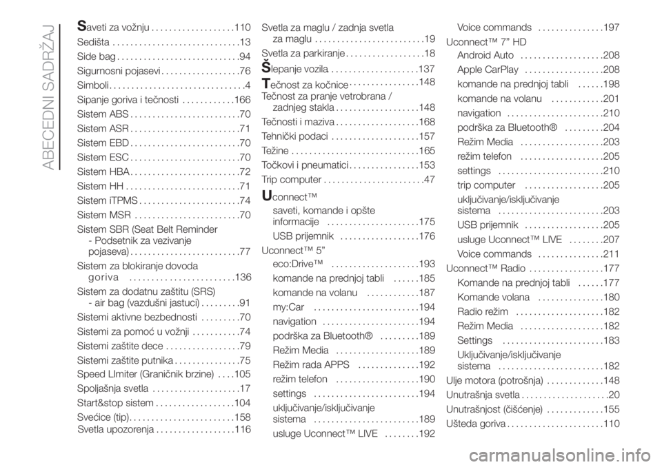 FIAT 500 2020  Knjižica za upotrebu i održavanje (in Serbian) Saveti za vožnju
...................110
Sedišta.............................13
Side bag............................94
Sigurnosni pojasevi..................76
Simboli...............................4
