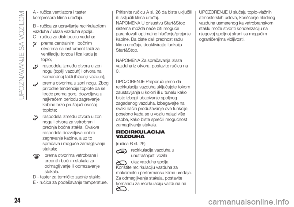 FIAT 500 2020  Knjižica za upotrebu i održavanje (in Serbian) A - ručica ventilatora i taster
kompresora klima uređaja.
B - ručica za upravljanje recirkulacijom
vazduha / ulaza vazduha spolja.
C - ručica za distribuciju vaduha:
prema centralnim i bočnim
otv