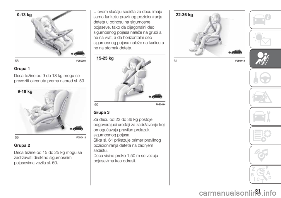 FIAT 500 2019  Knjižica za upotrebu i održavanje (in Serbian) Grupa 1
Deca težine od 9 do 18 kg mogu se
prevoziti okrenuta prema napred sl. 59.
Grupa 2
Deca težine od 15 do 25 kg mogu se
zadržavati direktno sigurnosnim
pojasevima vozila sl. 60.U ovom slučaju