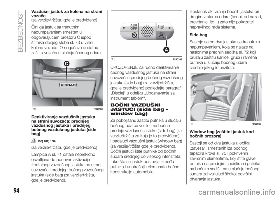 FIAT 500 2020 Knjižica za upotrebu i održavanje (in Serbian) Vazdušni jastuk za kolena na strani
vozača
(za verzije/tržišta, gde je predviđeno)
Čini ga jastuk sa trenutnim
napumpavanjem smešten u
odgovarajućem prostoru C ispod
štitnika donjeg stuba sl. FIAT 500 2020 Knjižica za upotrebu i održavanje (in Serbian) Vazdušni jastuk za kolena na strani
vozača
(za verzije/tržišta, gde je predviđeno)
Čini ga jastuk sa trenutnim
napumpavanjem smešten u
odgovarajućem prostoru C ispod
štitnika donjeg stuba sl.
