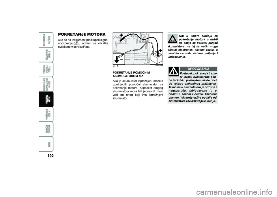 FIAT 500 2021  Knjižica s uputama za uporabu i održavanje (in Croatian) PRAVILNAUPORABA VOZILA SIGURNOSNI
URE\AJI UPOZNAVANJE
S
VOZILOM
TEHNI^KE
ZNA^AJKE ODR@AVANJE
VOZILA
INDEX
UPOZORAVAJU]A
SIGNALIZACIJA I PORUKE
U SLU^AJUNU@DE
UPOZORENJE
sl. 1
POKRETANJE MOTORA
Ako se 
