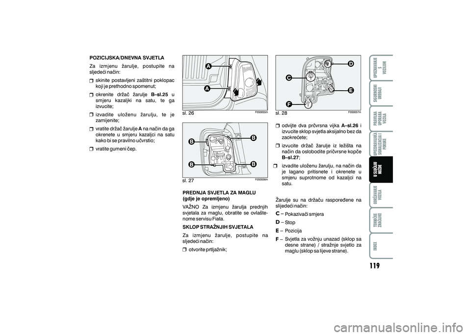 FIAT 500 2021 Knjižica s uputama za uporabu i održavanje (in Croatian) sl. 26
sl. 27
sl. 28
POZICIJSKA/DNEVNA SVJETLA
Za izmjenu `arulje, postupite na
sljede}i na~in:
skinite postavljeni za{titni poklopac
koji je prethodno spomenut;
okrenite dr`a~ `arulje B FIAT 500 2021 Knjižica s uputama za uporabu i održavanje (in Croatian) sl. 26
sl. 27
sl. 28
POZICIJSKA/DNEVNA SVJETLA
Za izmjenu `arulje, postupite na
sljede}i na~in:
skinite postavljeni za{titni poklopac
koji je prethodno spomenut;
okrenite dr`a~ `arulje B
