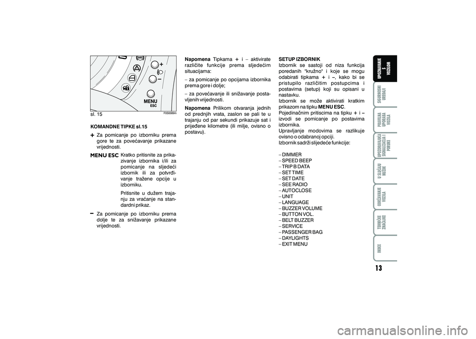 FIAT 500 2020  Knjižica s uputama za uporabu i održavanje (in Croatian) PRAVILNAUPORABA VOZILA SIGURNOSNI
URE\AJI UPOZNAVANJE
S
VOZILOM
TEHNI^KE
ZNA^AJKE ODR@AVANJE
VOZILA U SLU^AJU
NU@DE
UPOZORAVAJU]ASIGNALIZACIJA I PORUKE
INDEX
sl. 15
KOMANDNE TIPKE sl.15
Za  pomicanje 