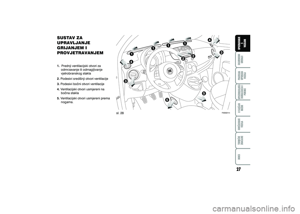FIAT 500 2020  Knjižica s uputama za uporabu i održavanje (in Croatian) PRAVILNAUPORABA VOZILA SIGURNOSNI
URE\AJI UPOZNAVANJE
S
VOZILOM
TEHNI^KE
ZNA^AJKE ODR@AVANJE
VOZILA U SLU^AJU
NU@DE
UPOZORAVAJU]ASIGNALIZACIJA I PORUKE
INDEX
SUSTAV ZA 
UPRAVLJANJE 
GRIJANJEM I 
PROVJ