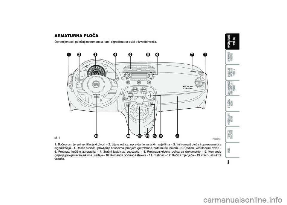 FIAT 500 2021  Knjižica s uputama za uporabu i održavanje (in Croatian) PRAVILNAUPORABA VOZILA SIGURNOSNI
URE\AJI UPOZNAVANJE
S
VOZILOM
TEHNI^KE
ZNA^AJKE ODR@AVANJE
VOZILA U SLU^AJU
NU@DE
UPOZORAVAJU]ASIGNALIZACIJA I PORUKE
INDEX
ARMATURNA PLO^A
Opremljenost i polo`aj ins