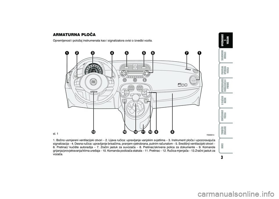 FIAT 500 2020  Knjižica s uputama za uporabu i održavanje (in Croatian) PRAVILNAUPORABA VOZILA SIGURNOSNI
URE\AJI UPOZNAVANJE
S
VOZILOM
TEHNI^KE
ZNA^AJKE ODR@AVANJE
VOZILA U SLU^AJU
NU@DE
UPOZORAVAJU]ASIGNALIZACIJA I PORUKE
INDEX
ARMATURNA PLO^A
Opremljenost i polo`aj ins