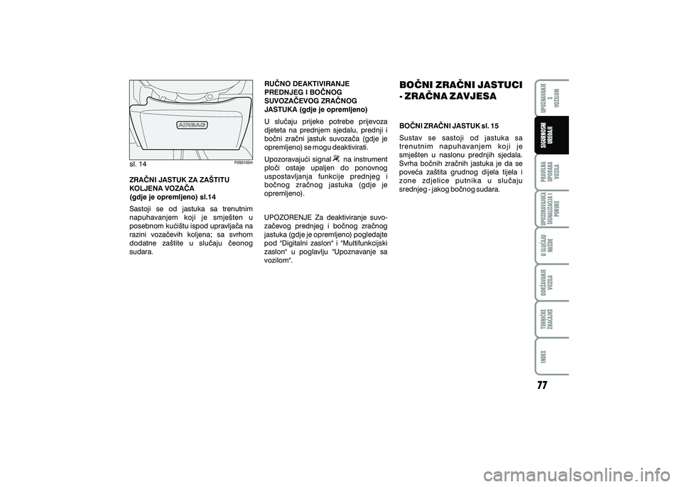 FIAT 500 2021 Knjižica s uputama za uporabu i održavanje (in Croatian) sl. 14
ZRA^NI JASTUK ZA ZA[TITU
KOLJENA VOZA^A
(gdje je opremljeno) sl.14
Sastoji se od jastuka sa trenutnim
napuhavanjem koji je smje{ten u
posebnom ku}i{tu ispod upravlja~a na
razini v FIAT 500 2021 Knjižica s uputama za uporabu i održavanje (in Croatian) sl. 14
ZRA^NI JASTUK ZA ZA[TITU
KOLJENA VOZA^A
(gdje je opremljeno) sl.14
Sastoji se od jastuka sa trenutnim
napuhavanjem koji je smje{ten u
posebnom ku}i{tu ispod upravlja~a na
razini v