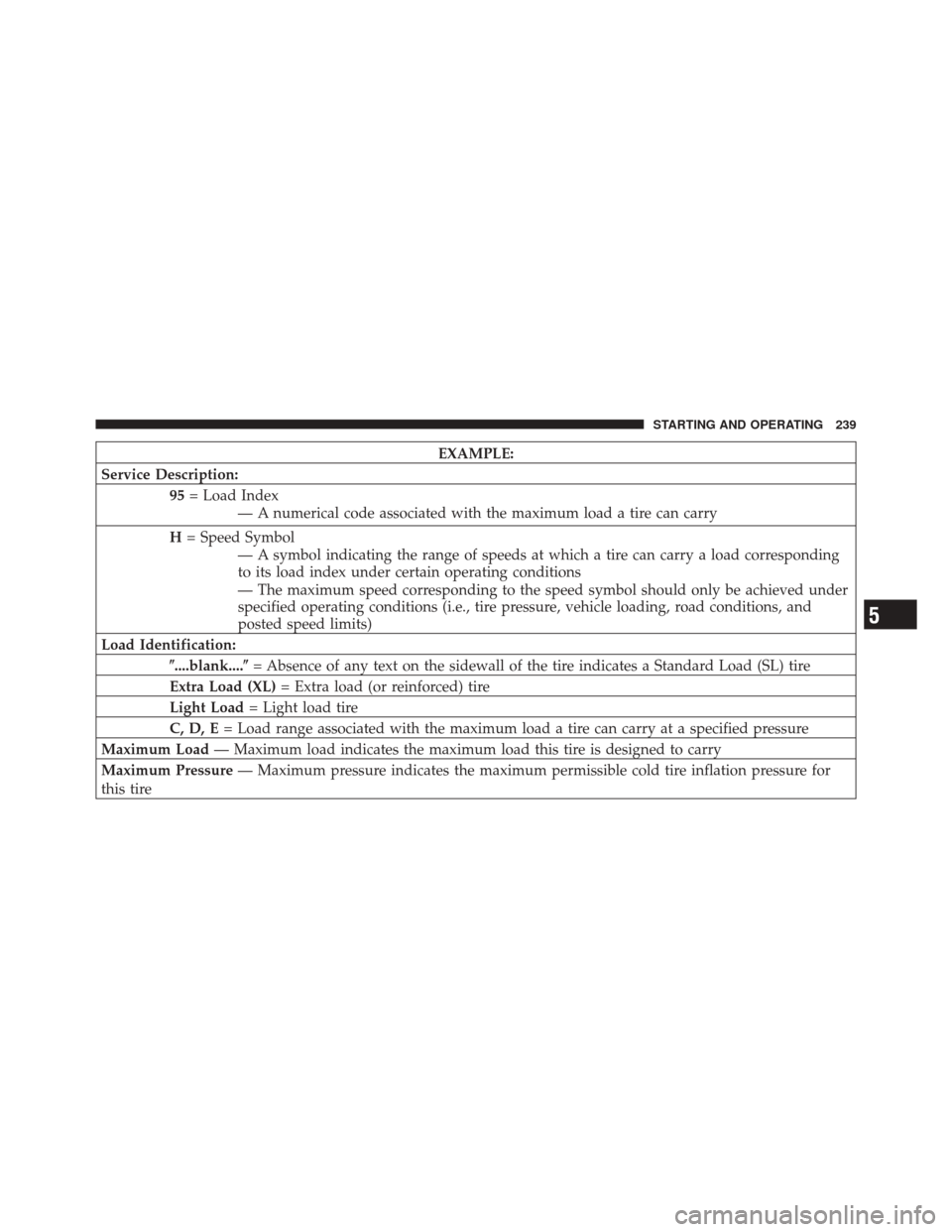 FIAT 500C 2012 2.G User Guide EXAMPLE:
Service Description: 95= Load Index
— A numerical code associated with the maximum load a tire can carry
H = Speed Symbol
— A symbol indicating the range of speeds at which a tire can car