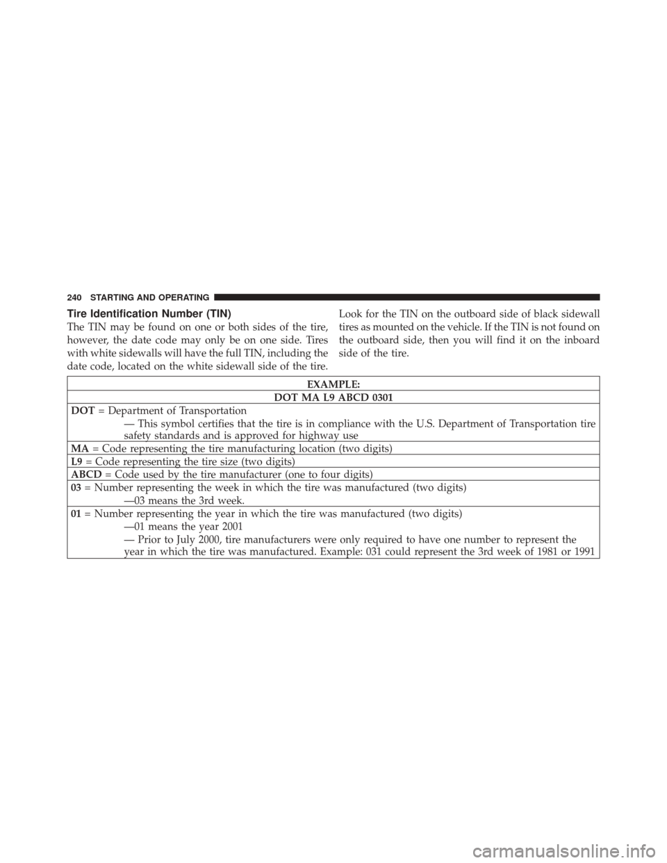 FIAT 500 2012 2.G Owners Manual Tire Identification Number (TIN)
The TIN may be found on one or both sides of the tire,
however, the date code may only be on one side. Tires
with white sidewalls will have the full TIN, including the