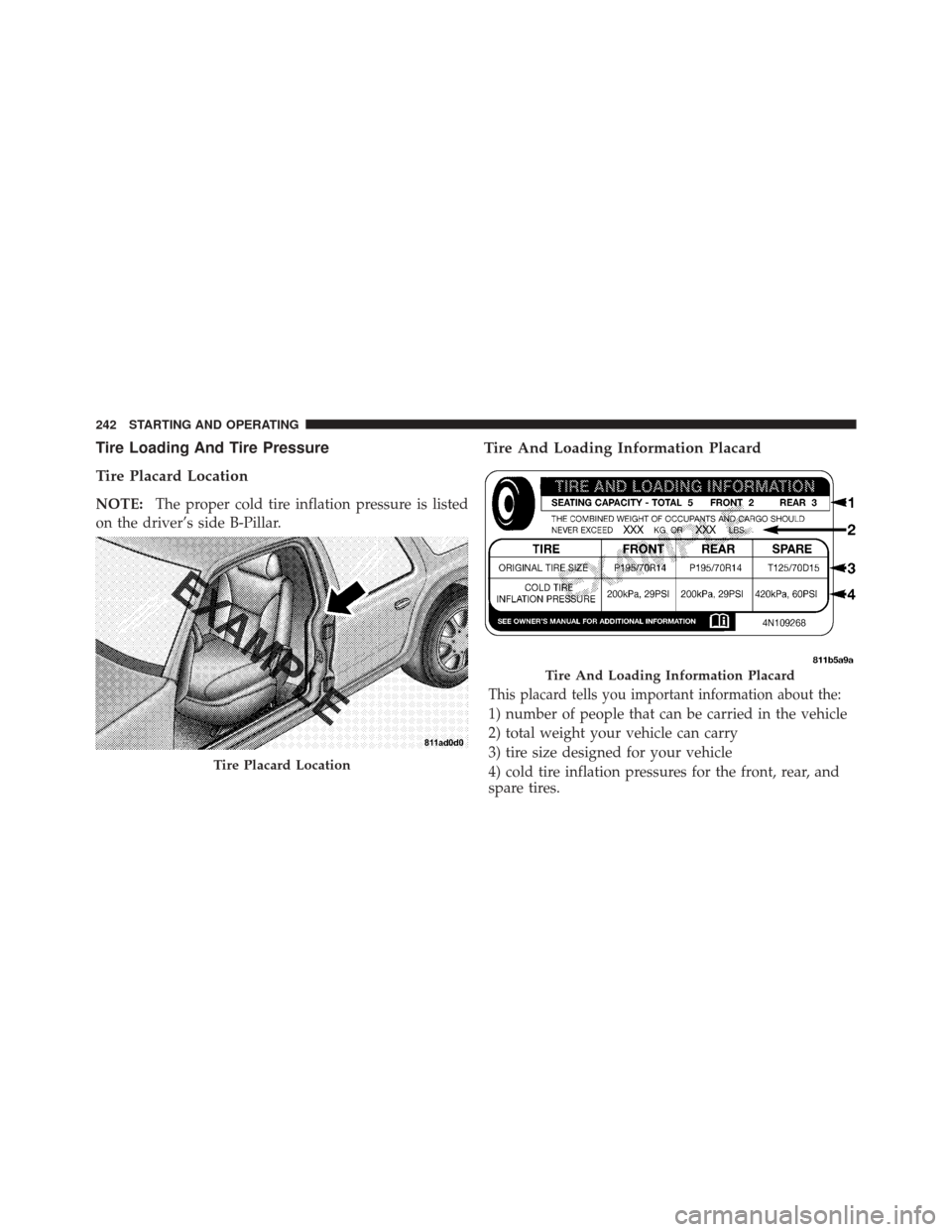 FIAT 500 2012 2.G Owners Manual Tire Loading And Tire Pressure
Tire Placard Location
NOTE:The proper cold tire inflation pressure is listed
on the driver’s side B-Pillar.
Tire And Loading Information Placard
This placard tells you