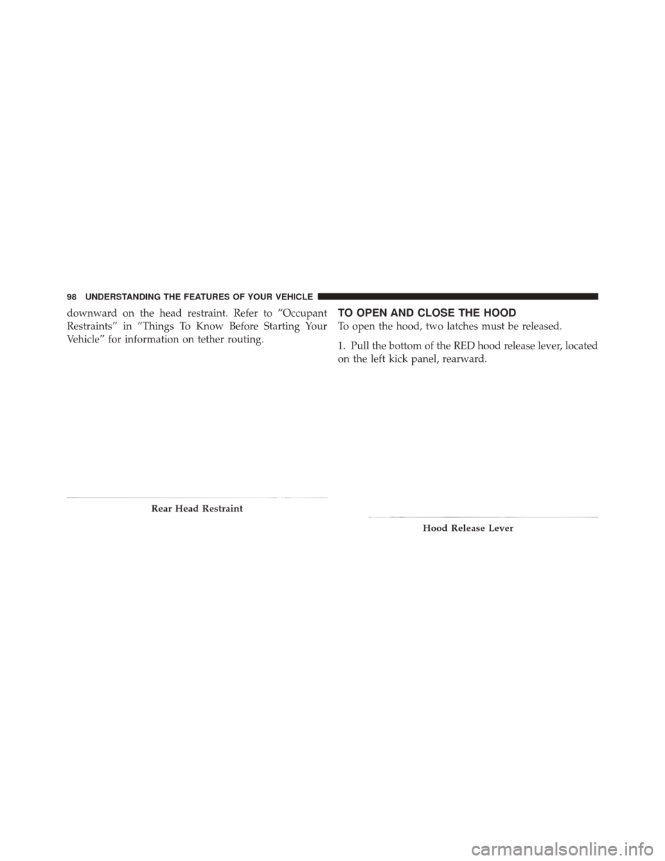 FIAT 500 2012 2.G Owners Manual downward on the head restraint. Refer to “Occupant
Restraints” in “Things To Know Before Starting Your
Vehicle” for information on tether routing.TO OPEN AND CLOSE THE HOOD
To open the hood, t