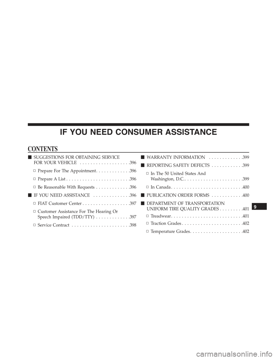 FIAT 500C 2013 2.G Owners Manual IF YOU NEED CONSUMER ASSISTANCE
CONTENTS
!SUGGESTIONS FOR OBTAINING SERVICE
FOR YOUR VEHICLE...................396
▫Prepare For The Appointment.............396
▫Prepare A List..................... FIAT 500C 2013 2.G Owners Manual IF YOU NEED CONSUMER ASSISTANCE
CONTENTS
!SUGGESTIONS FOR OBTAINING SERVICE
FOR YOUR VEHICLE...................396
▫Prepare For The Appointment.............396
▫Prepare A List.....................