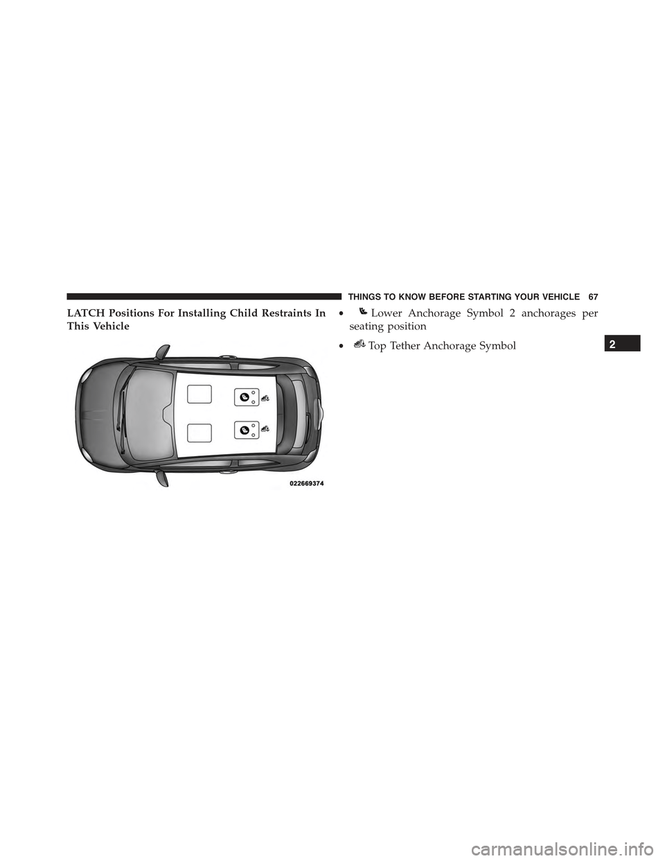 FIAT 500C 2013 2.G Repair Manual LATCH Positions For Installing Child Restraints In
This Vehicle
•Lower Anchorage Symbol 2 anchorages per
seating position
•Top Tether Anchorage Symbol2
THINGS TO KNOW BEFORE STARTING YOUR VEHICLE FIAT 500C 2013 2.G Repair Manual LATCH Positions For Installing Child Restraints In
This Vehicle
•Lower Anchorage Symbol 2 anchorages per
seating position
•Top Tether Anchorage Symbol2
THINGS TO KNOW BEFORE STARTING YOUR VEHICLE