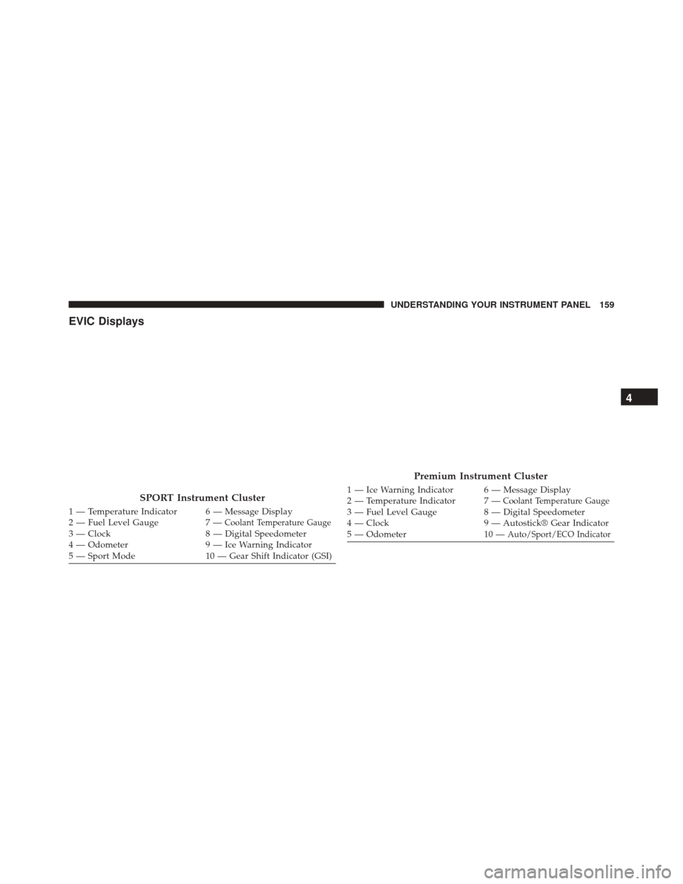 FIAT 500 2014 2.G Owners Manual EVIC Displays
SPORT Instrument Cluster
1 — Temperature Indicator 6 — Message Display
2 — Fuel Level Gauge 7 —Coolant Temperature Gauge3 — Clock8 — Digital Speedometer
4 — Odometer 9 — 