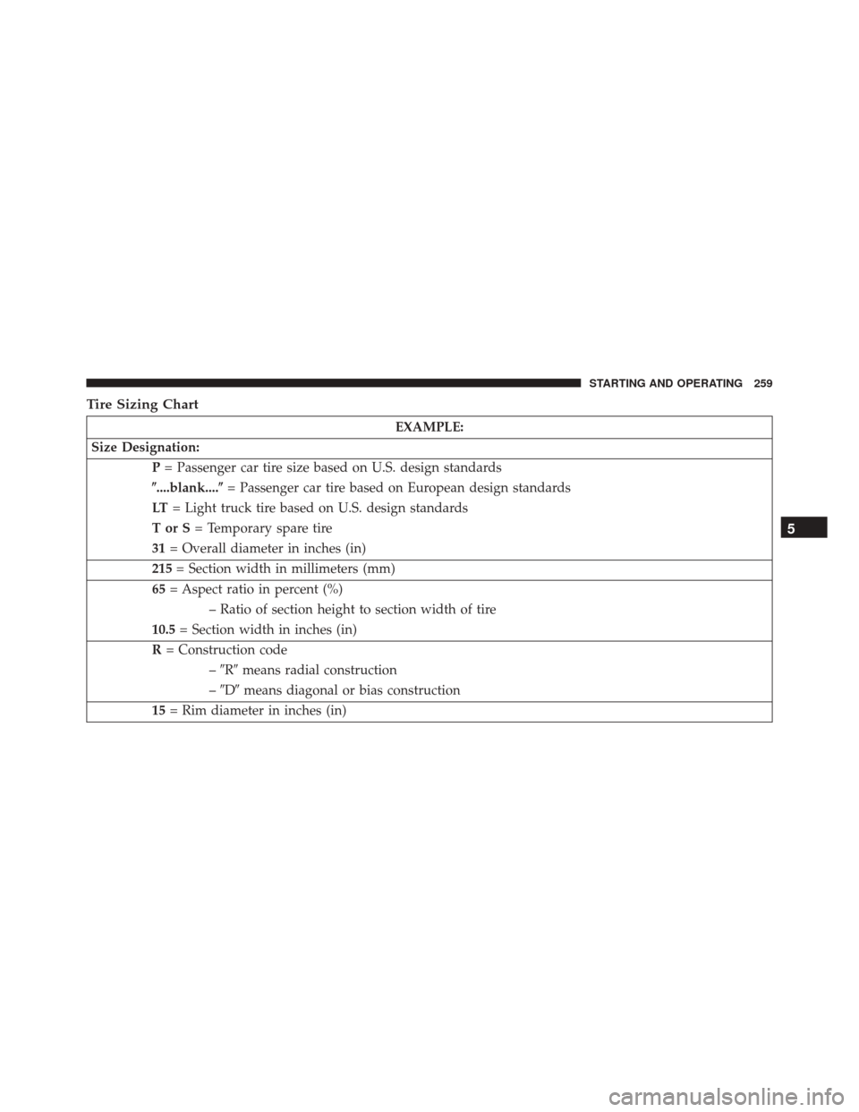 FIAT 500C 2014 2.G Owners Manual Tire Sizing Chart
EXAMPLE:
Size Designation: P= Passenger car tire size based on U.S. design standards
....blank.... = Passenger car tire based on European design standards
LT = Light truck tire bas