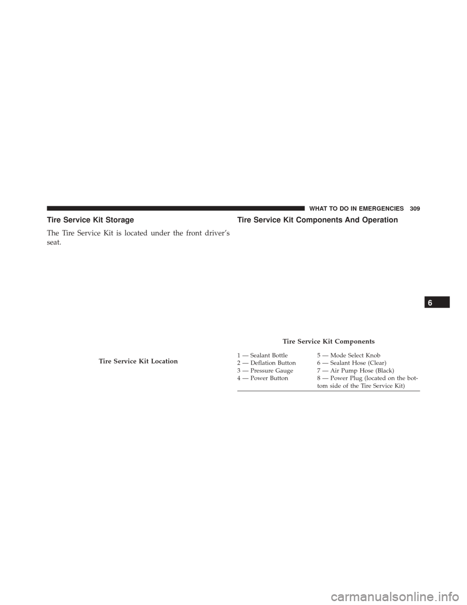 FIAT 500C 2016 2.G Owners Manual Tire Service Kit Storage
The Tire Service Kit is located under the front driver’s
seat.
Tire Service Kit Components And Operation
Tire Service Kit Location
Tire Service Kit Components
1 — Sealant 