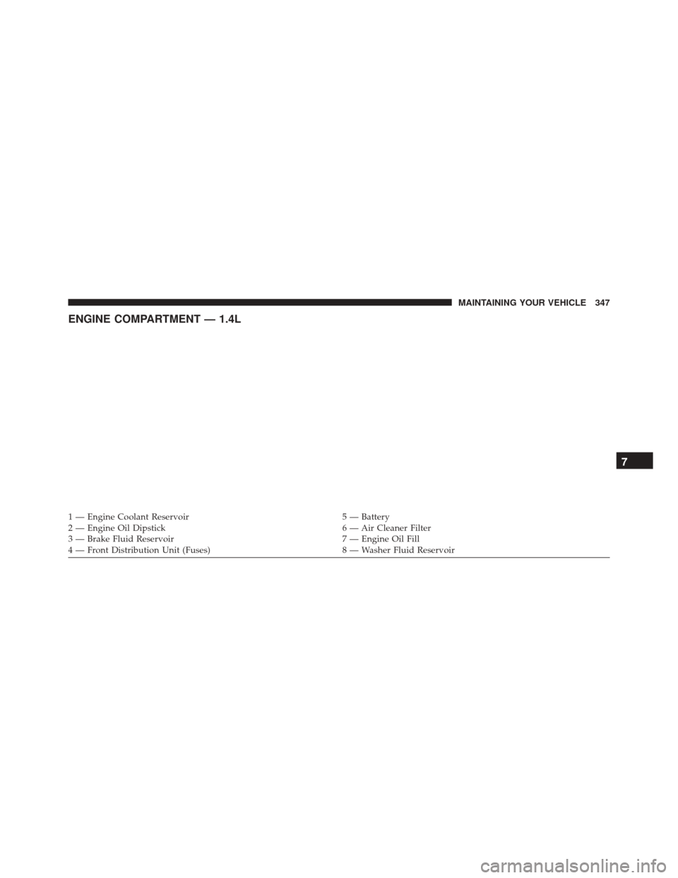 FIAT 500C 2016 2.G Owners Manual ENGINE COMPARTMENT — 1.4L
1 — Engine Coolant Reservoir5 — Battery
2 — Engine Oil Dipstick 6 — Air Cleaner Filter
3 — Brake Fluid Reservoir 7 — Engine Oil Fill
4 — Front Distribution Un