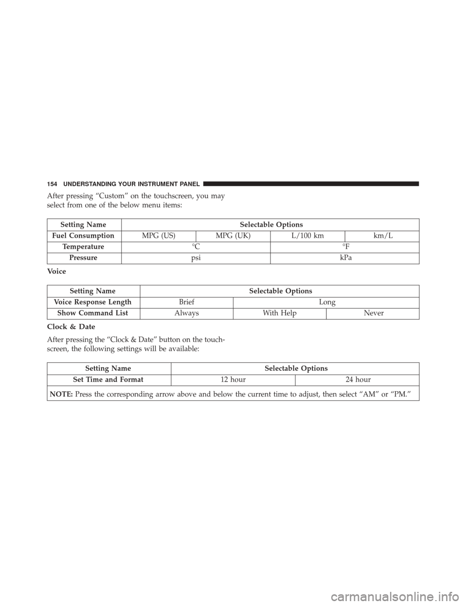 FIAT 500 2017 2.G Owners Manual After pressing “Custom” on the touchscreen, you may
select from one of the below menu items:
Setting NameSelectable Options
Fuel Consumption MPG (US)MPG (UK) L/100 km km/L
Temperature °C °F
Pres FIAT 500 2017 2.G Owners Manual After pressing “Custom” on the touchscreen, you may
select from one of the below menu items:
Setting NameSelectable Options
Fuel Consumption MPG (US)MPG (UK) L/100 km km/L
Temperature °C °F
Pres