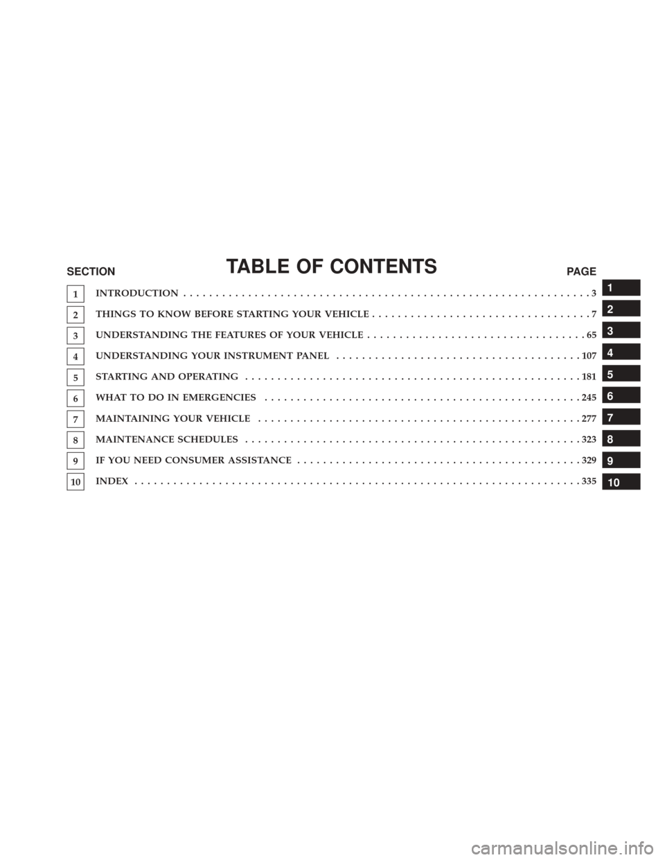 FIAT 500 2017 2.G Owners Manual TABLE OF CONTENTSSECTIONPAGE
1INTRODUCTION
...............................................................3
2THINGS TO KNOW BEFORE STARTING YOUR VEHICLE
..................................7
3UNDERSTAND