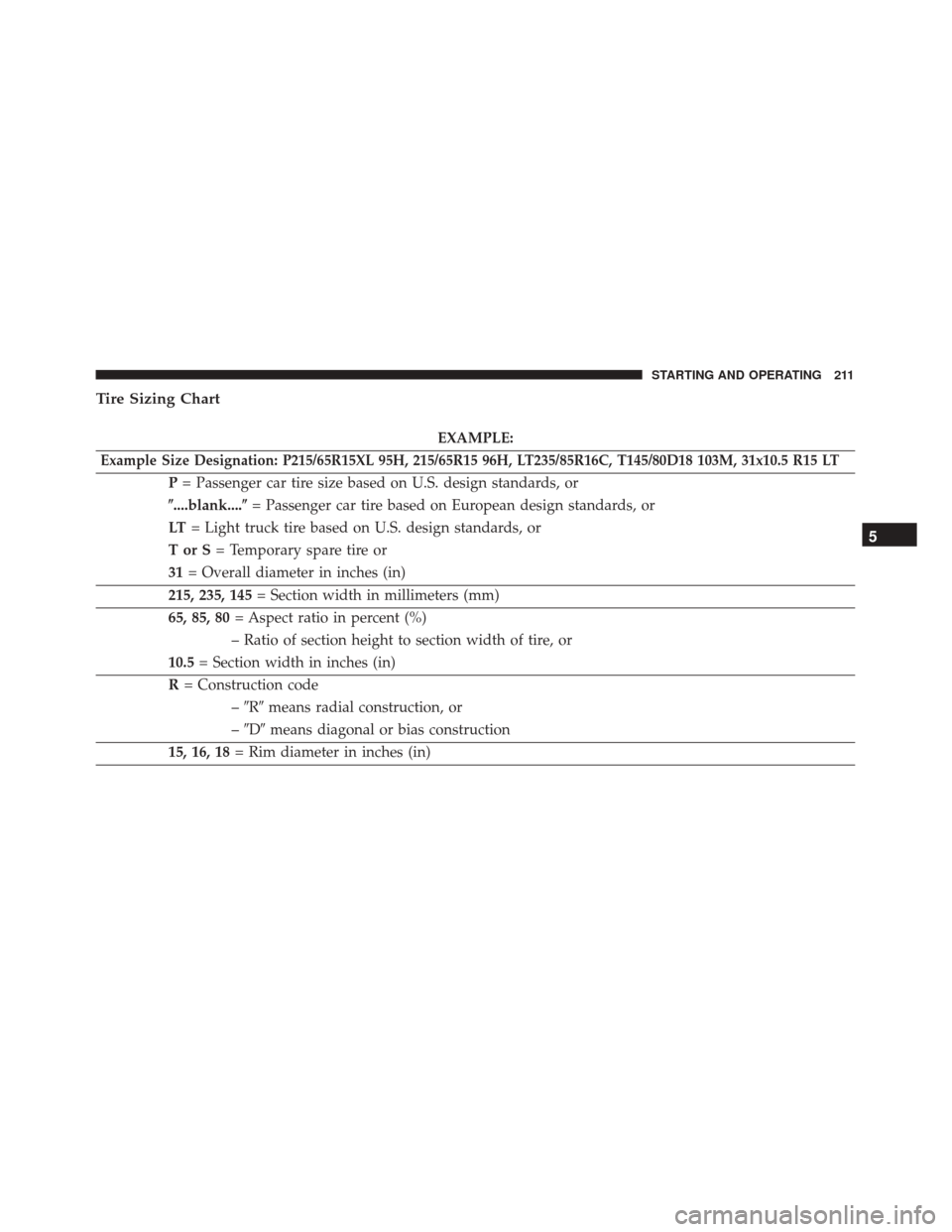 FIAT 500 2017 2.G Owners Manual Tire Sizing Chart
EXAMPLE:
Example Size Designation: P215/65R15XL 95H, 215/65R15 96H, LT235/85R16C, T145/80D18 103M, 31x10.5 R15 LT
P= Passenger car tire size based on U.S. design standards, or
....b