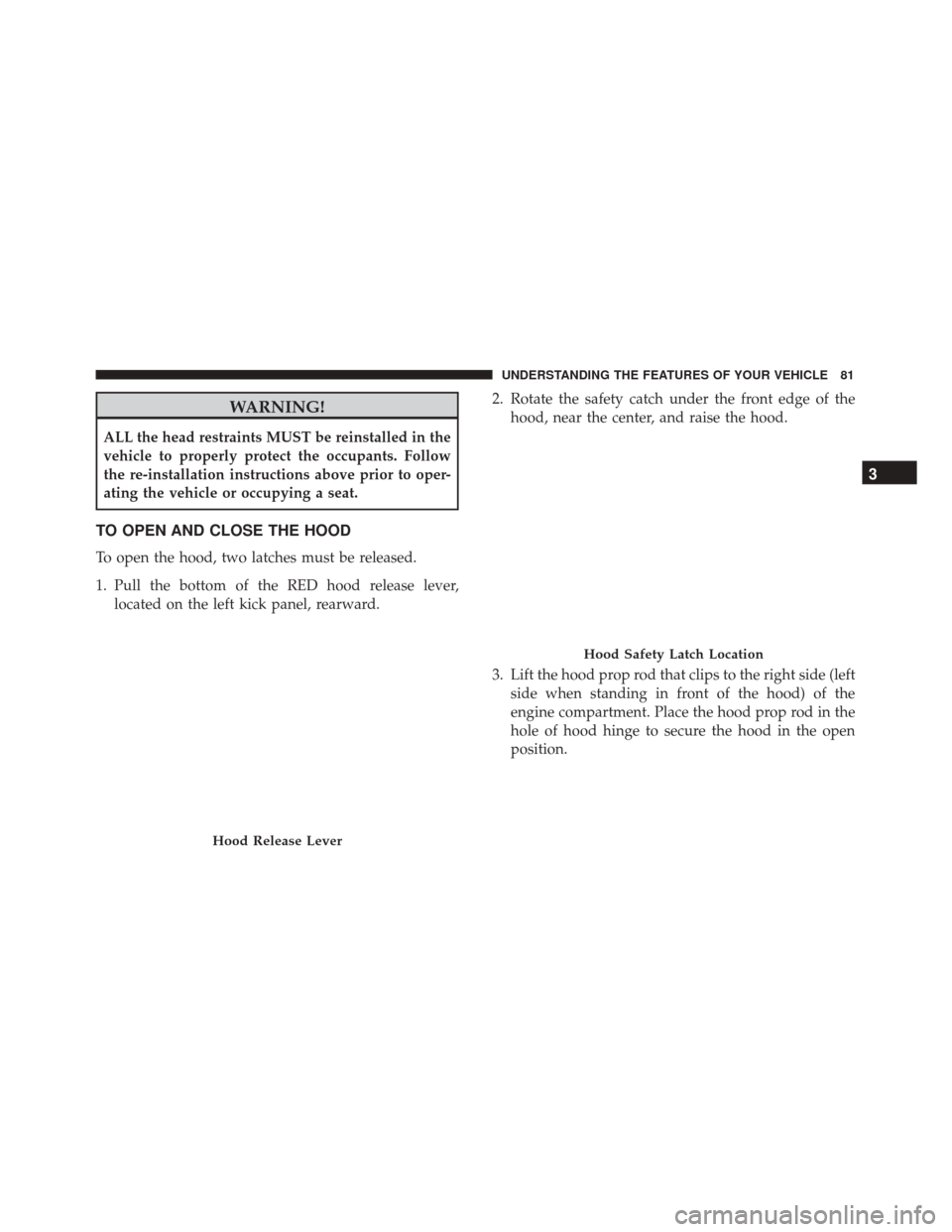 FIAT 500 2017 2.G Manual Online WARNING!
ALL the head restraints MUST be reinstalled in the
vehicle to properly protect the occupants. Follow
the re-installation instructions above prior to oper-
ating the vehicle or occupying a sea