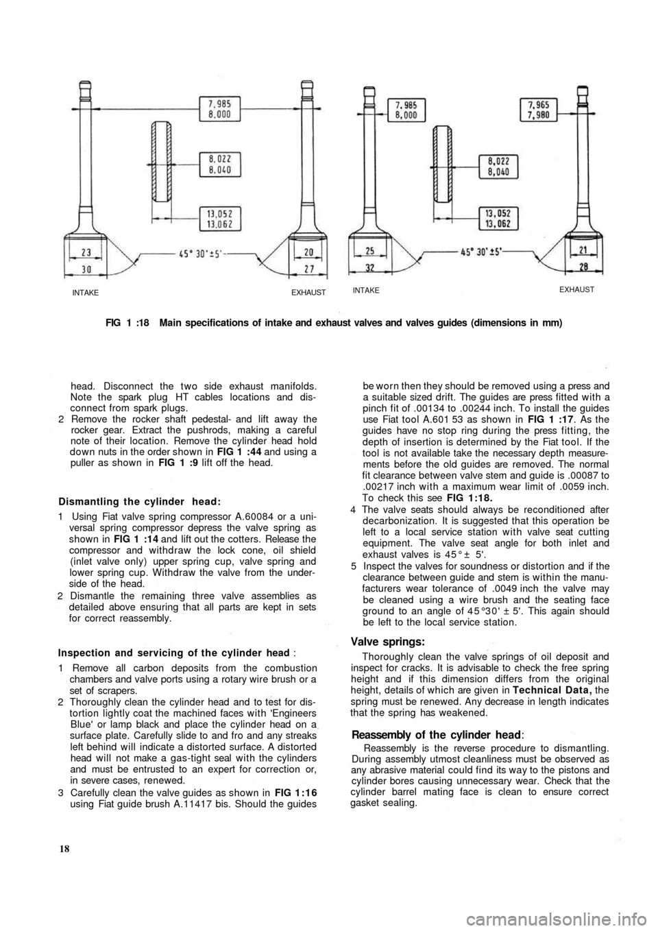 FIAT 500 1959 1.G Workshop Manual INTAKEEXHAUSTINTAKEEXHAUST
FIG 1 :18  Main specifications of intake and exhaust valves and valves guides (dimensions in  mm)
head. Disconnect the t w o side exhaust manifolds.
Note the spark  plug  HT