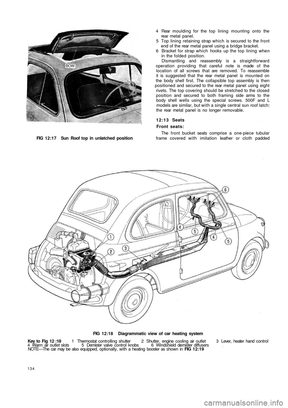 FIAT 500 1957 1.G Workshop Manual BOW
FIG 12:17  Sun Roof  top   in  unlatched position
FIG 12:18 Diagrammatic view of car heating system
Key to Fig 12 :18 1 Thermostat controlling shutter  2  Shutter,  engine  cooling air outlet  3 L