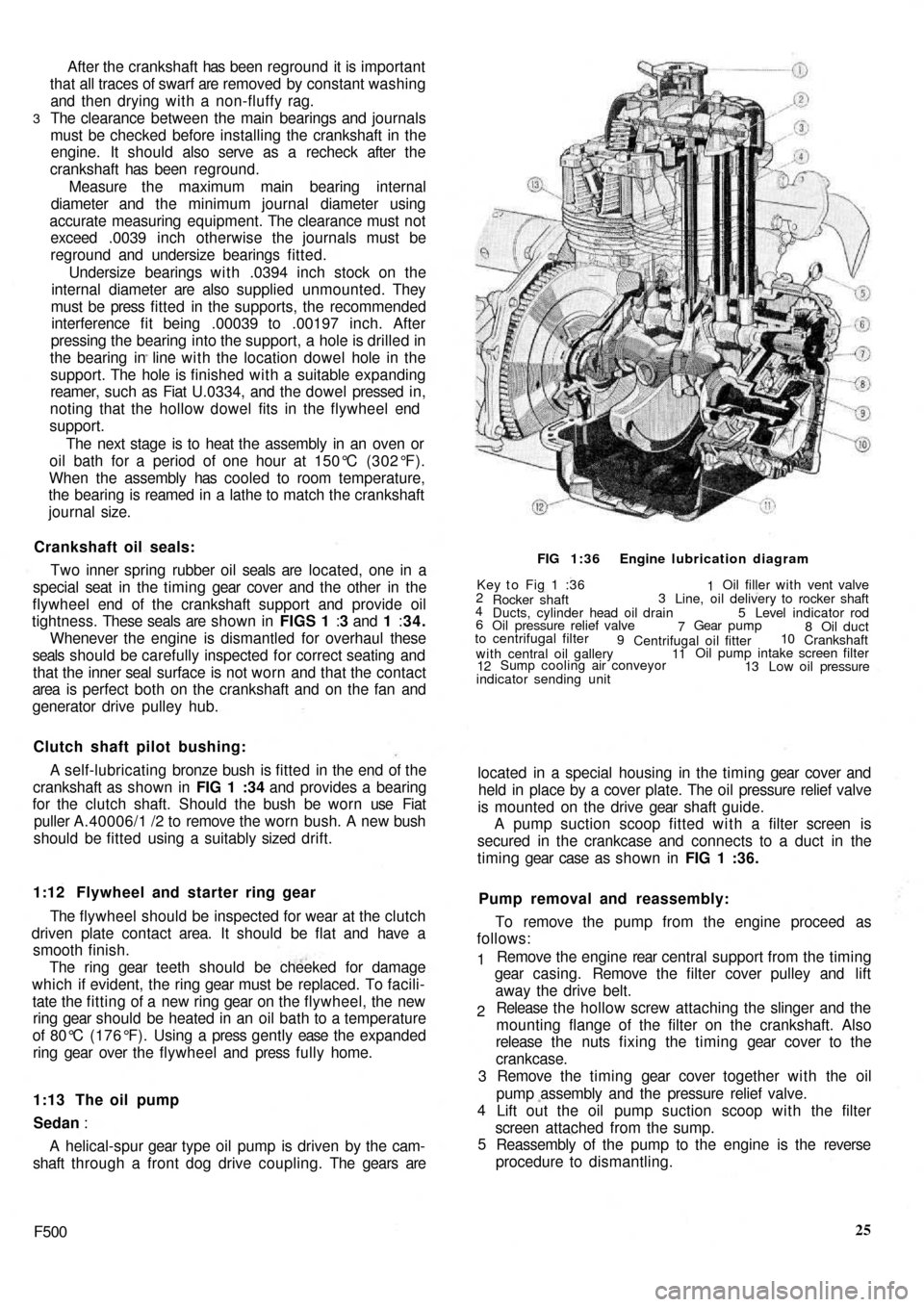 FIAT 500 1971 1.G Workshop Manual After the  crankshaft  has been reground  it is important
that all traces of swarf are removed  by constant washing
and then drying with a non-fluffy rag.
The clearance between the main bearings and j