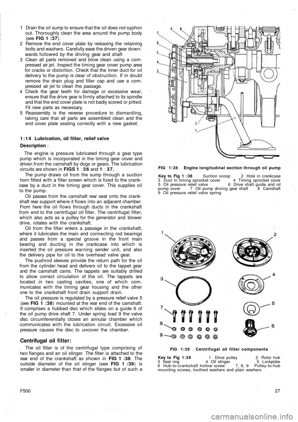 FIAT 500 1970 1.G Workshop Manual Drain the oil sump to ensure that the oil does not syphon
out. Thoroughly clean the area around the pump body
(see FIG 1 :37).
Remove the end cover plate by releasing the retaining
bolts and washers. 