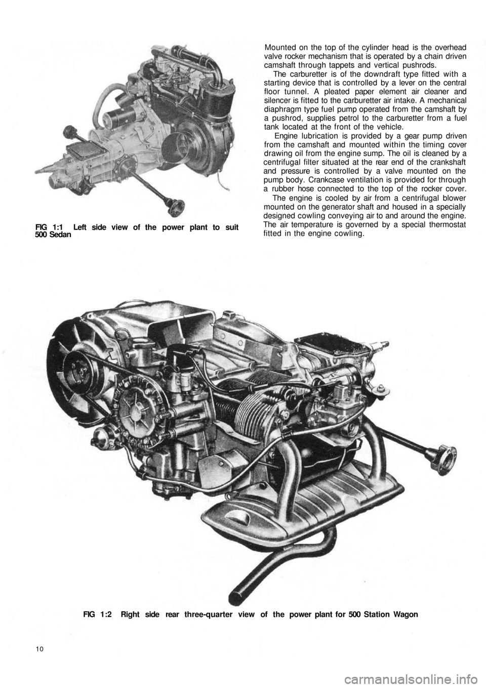 FIAT 500 1960 1.G Workshop Manual FIG 1:1 Left side view of the power plant to suit
500 Sedan
10
FIG 1:2 Right side rear three-quarter view of the power plant for 500 Station Wagon Mounted on the top of the cylinder head is th FIAT 500 1960 1.G Workshop Manual FIG 1:1 Left side view of the power plant to suit
500 Sedan
10
FIG 1:2 Right side rear three-quarter view of the power plant for 500 Station Wagon Mounted on the top of the cylinder head is th