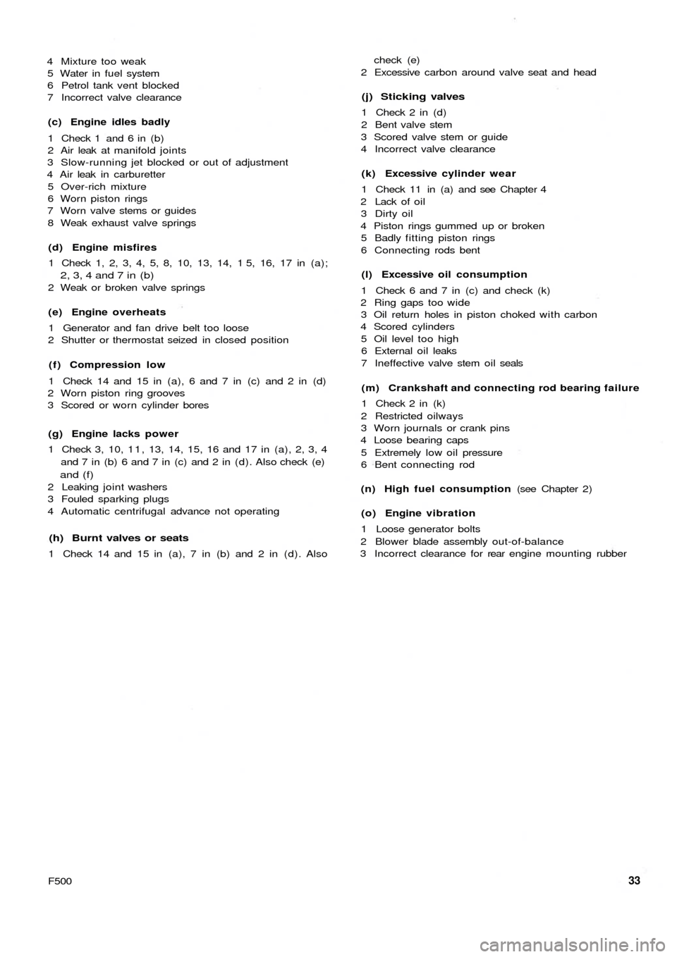 FIAT 500 1959 1.G Workshop Manual 4 Mixture too weak
5 Water in fuel system
6 Petrol tank vent blocked
7 Incorrect valve clearance
(c) Engine idles badly
1 Check 1 and 6 in (b)
2 Air leak at manifold joints
3 Slow-running jet bloc FIAT 500 1959 1.G Workshop Manual 4 Mixture too weak
5 Water in fuel system
6 Petrol tank vent blocked
7 Incorrect valve clearance
(c) Engine idles badly
1 Check 1 and 6 in (b)
2 Air leak at manifold joints
3 Slow-running jet bloc