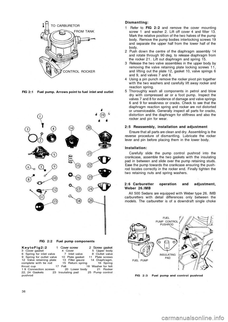 FIAT 500 1959 1.G Owners Manual CONTROL ROCKER FROM TANK TO CARBURETOR
FIG 2 : 1  Fuel pump. Arrows point to fuel  inlet and outlet
FIG 2 : 2  Fuel pump components
KeytoFig2:2 1  Cover  screw  2  Screw  gasket3 Cover gasket 4 Cover 