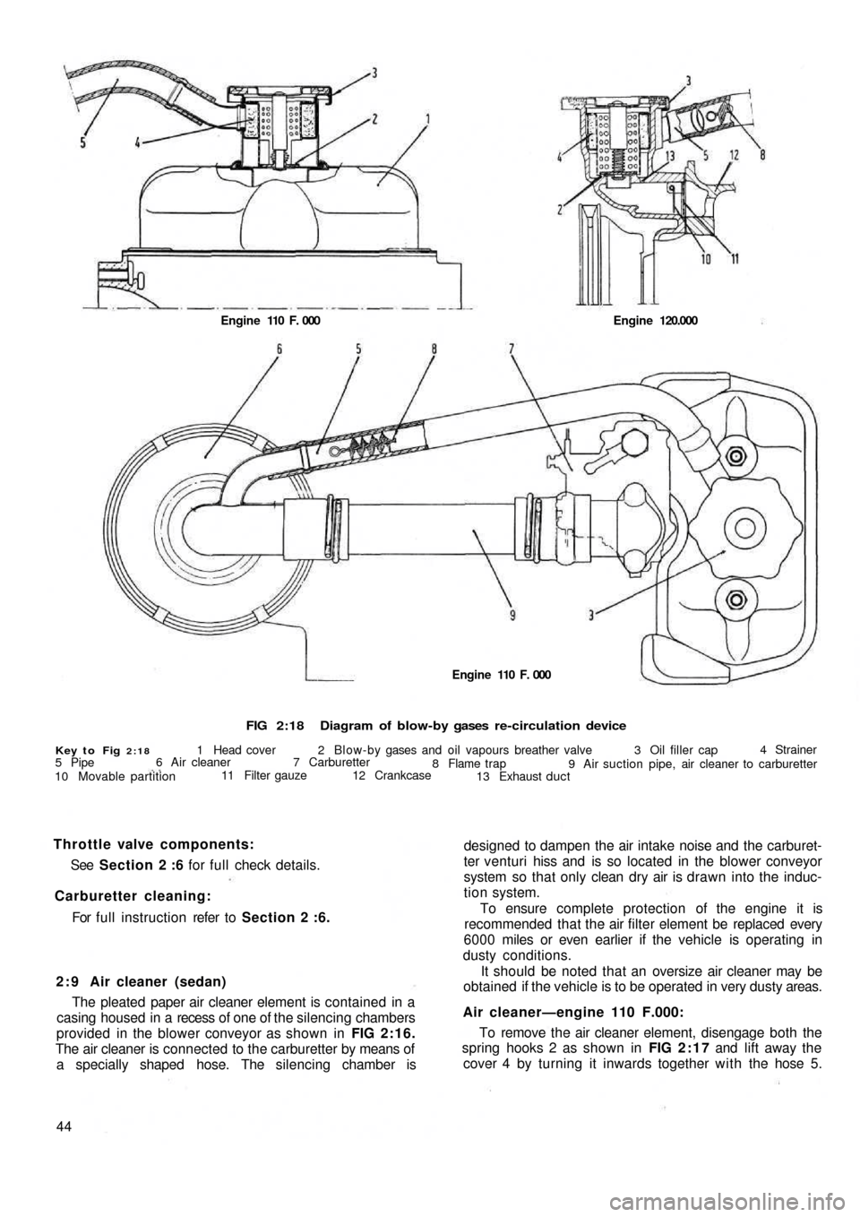 FIAT 500 1969 1.G Workshop Manual FIG 2:18Diagram of blow-by gases  re-circulation device
Key to Fig 2:181 Head cover 2 Blow-by gases and  oil vapours breather valve 3 Oil filler cap4 Strainer
9 Air suction pipe, air cleaner to carbur
