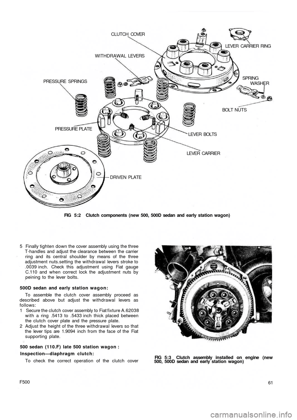 FIAT 500 1971 1.G Repair Manual FIG 5:2  Clutch components (new 500, 500D sedan  and  early station wagon) DRIVEN PLATE
PRESSURE  PLATE
LEVER  CARRIER LEVER  BOLTSBOLT NUTS PRESSURE  SPRINGSWITHDRAWAL LEVERS CLUTCH COVER
LEVER  CARR