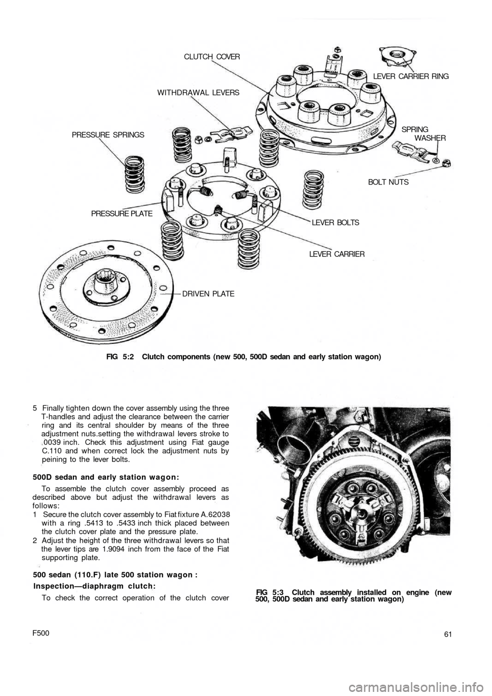 FIAT 500 1960 1.G Workshop Manual FIG 5:2  Clutch components (new 500, 500D sedan  and  early station wagon) DRIVEN PLATE
PRESSURE  PLATE
LEVER  CARRIER LEVER  BOLTSBOLT NUTS PRESSURE  SPRINGSWITHDRAWAL LEVERS CLUTCH COVER
LEVER  CARR