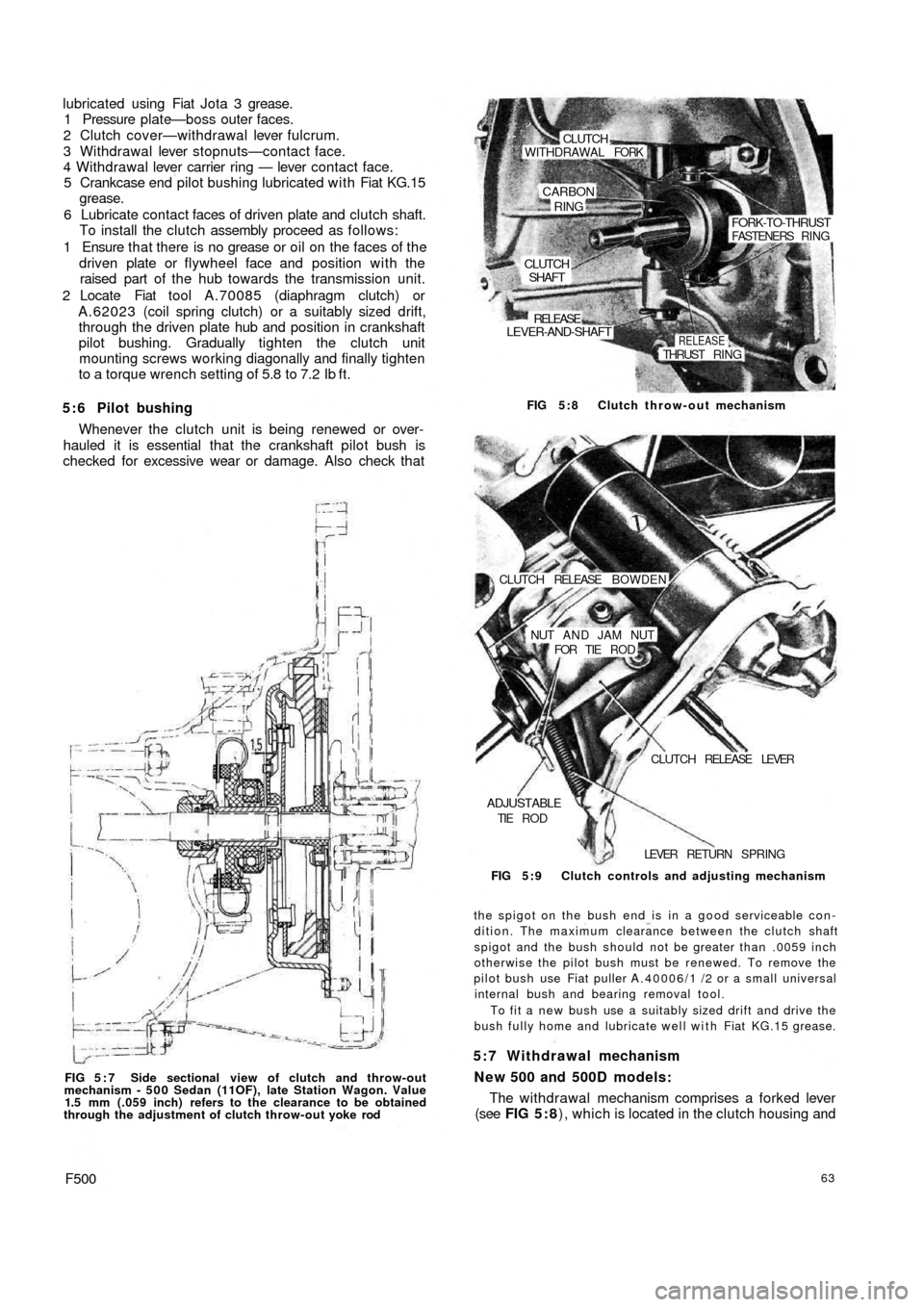 FIAT 500 1966 1.G Repair Manual lubricated using Fiat Jota 3 grease.
1 Pressure plate—boss outer faces.
2 Clutch cover—withdrawal lever fulcrum.
3 Withdrawal lever stopnuts—contact face.
4 Withdrawal lever carrier ring — lev FIAT 500 1966 1.G Repair Manual lubricated using Fiat Jota 3 grease.
1 Pressure plate—boss outer faces.
2 Clutch cover—withdrawal lever fulcrum.
3 Withdrawal lever stopnuts—contact face.
4 Withdrawal lever carrier ring — lev