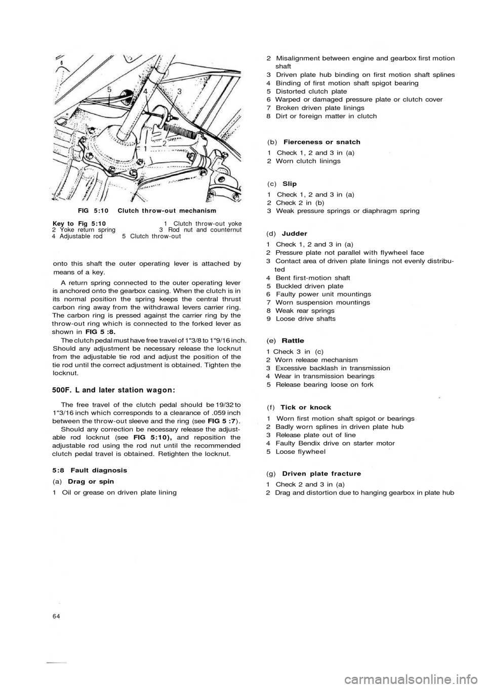 FIAT 500 1957 1.G Workshop Manual FIG 5:10 Clutch throw-out mechanism
Key to  Fig  5:10 1 Clutch throw-out yoke
2 Yoke return spring 3 Rod nut and counternut
4 Adjustable rod  5  Clutch throw-out
onto this shaft the outer operating le