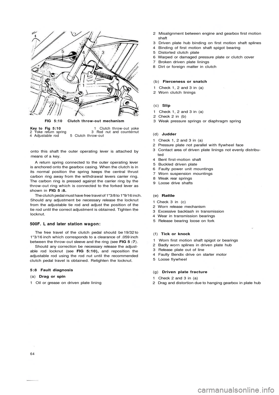 FIAT 500 1960 1.G Workshop Manual FIG 5:10 Clutch throw-out mechanism
Key to Fig 5:10 1 Clutch throw-out yoke
2 Yoke return spring 3 Rod nut and counternut
4 Adjustable rod 5 Clutch throw-out
onto this shaft the outer operating le FIAT 500 1960 1.G Workshop Manual FIG 5:10 Clutch throw-out mechanism
Key to Fig 5:10 1 Clutch throw-out yoke
2 Yoke return spring 3 Rod nut and counternut
4 Adjustable rod 5 Clutch throw-out
onto this shaft the outer operating le