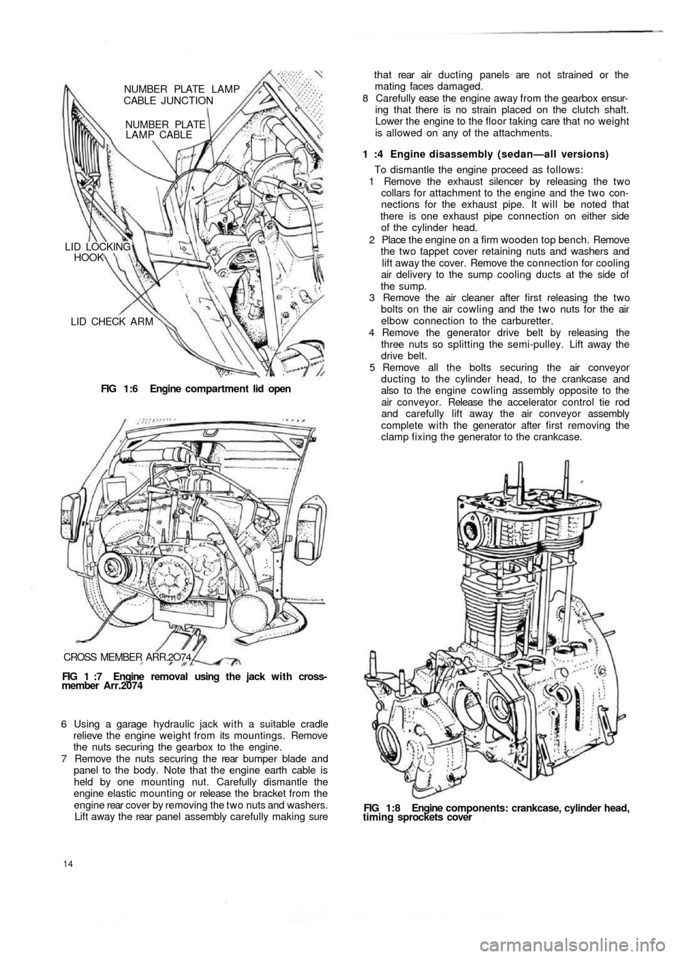 FIAT 500 1971 1.G Workshop Manual LID CHECK A R M
FIG   1:6   Engine  compartment  lid  open LID LOCKING
HOOK
NUMBER PLATE
LAMP CABLE NUMBER PLATE LAMP
CABLE JUNCTION
CROSS  MEMBER  ARR.2O74.
FIG  1  :7   Engine  removal using  the  j