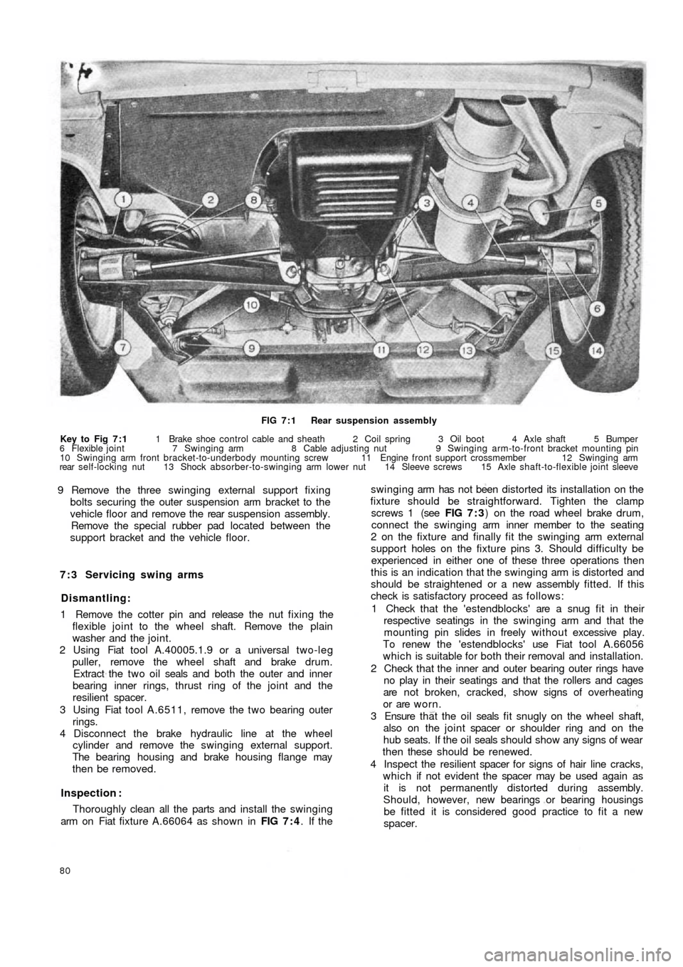 FIAT 500 1957 1.G Workshop Manual FIG 7 : 1  Rear suspension assembly
Key to Fig 7 : 1 1 Brake shoe control cable and sheath  2 Coil spring  3  Oil  boot  4  Axle shaft 5 Bumper
6 Flexible joint 7 Swinging arm 8 Cable adjusting nut  9